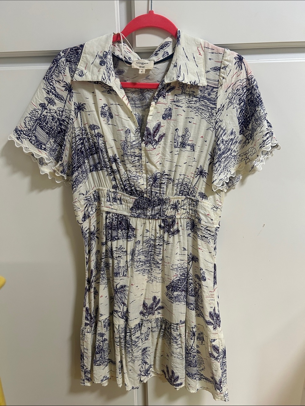 Umgee Cream and Navy Toile Short Sleeve Mini Shirt Dress Medium Coastal Beach